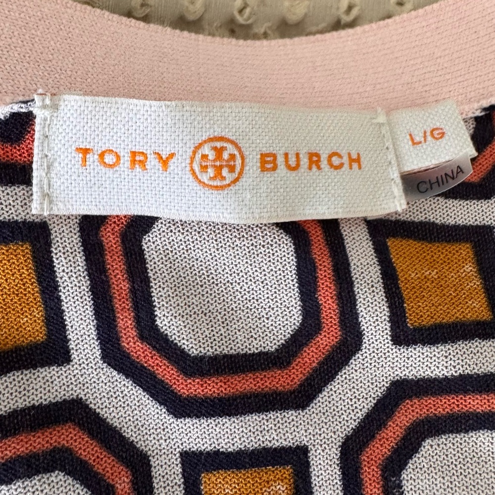Tory Burch Wesley Cardigan Sweater Size Lrg Peach Geometric Print Silk Sleeves - Picture 12 of 16